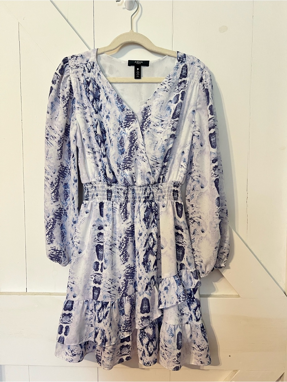 Aqua Blue and White Printed V-Neck Tiered Long-Sleeve Dress